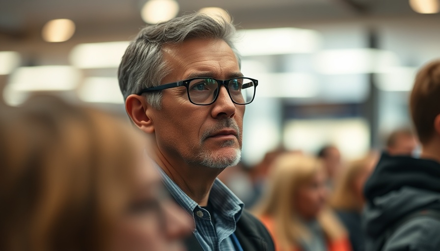 Thoughtful man amidst crowd reflecting on Apple Antitrust Charges