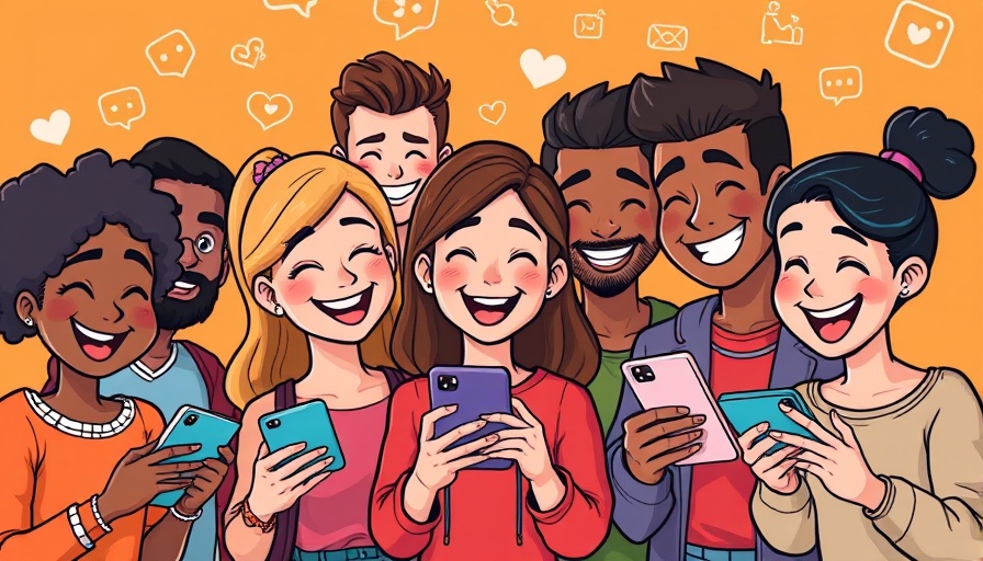 Cheerful cartoon of diverse group on phones for Instagram follow train.