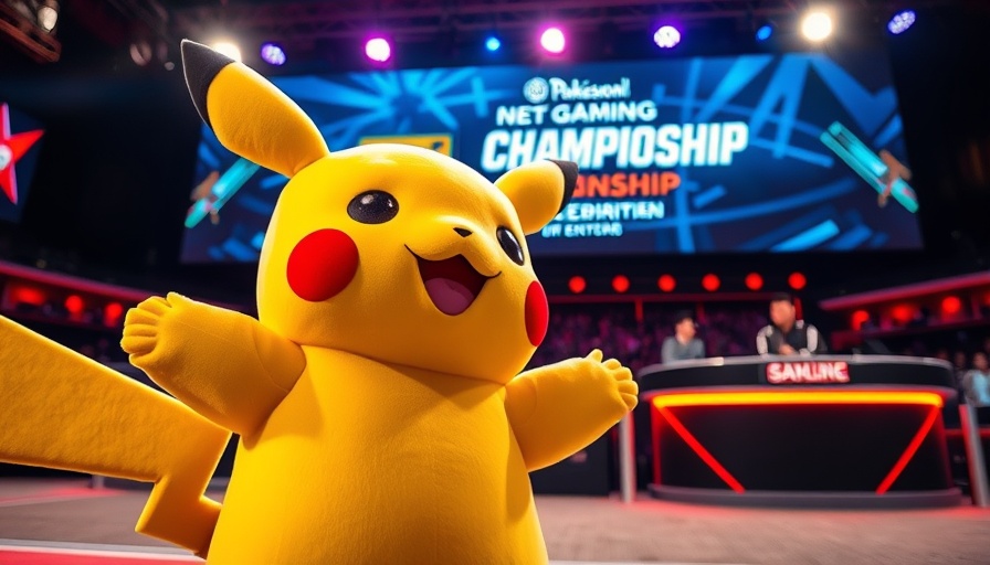 Pikachu mascot at gaming championship with announcers in the background.