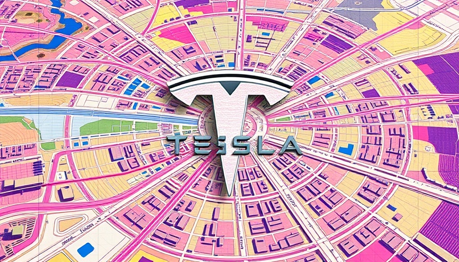 Abstract representation of Tesla Self-Driving Delays with Tesla logo on map.