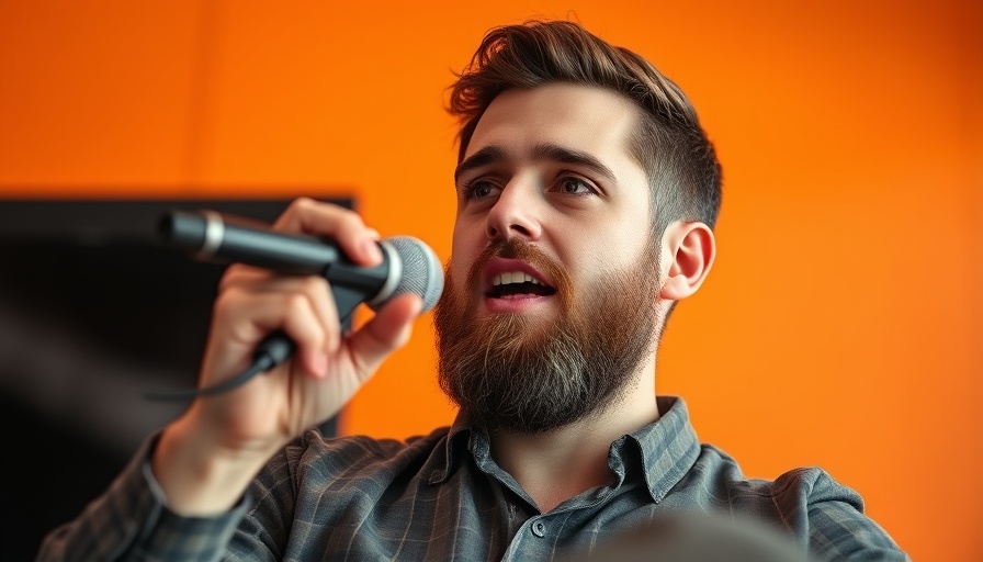 Man speaking into microphone at an event, discussing AI-powered rollups.