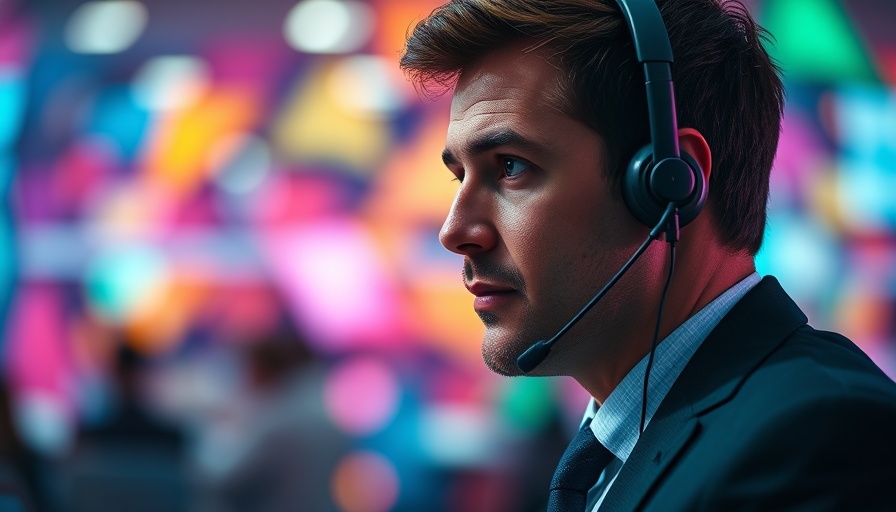 Focused businessman at digital conference considering AI business investments.