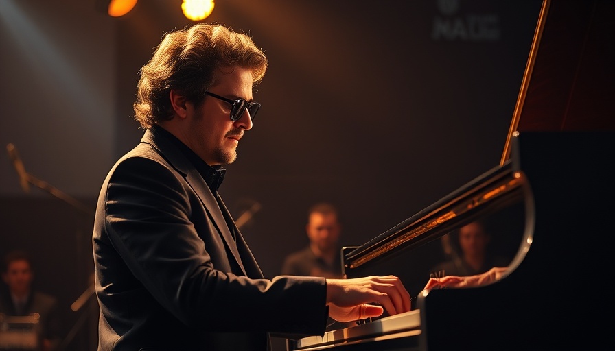 Musician performing at piano under spotlight, dim lighting.