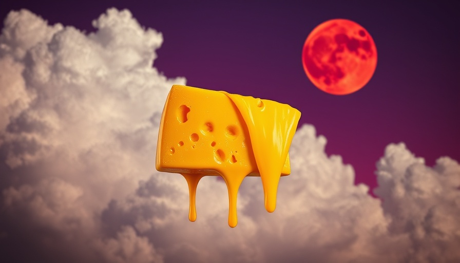 Surreal image of melting cheese with vibrant background.