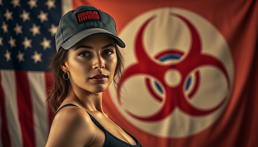 Confident woman with cap, biohazard and flag background, Laboratory Visit and Hospitalization.