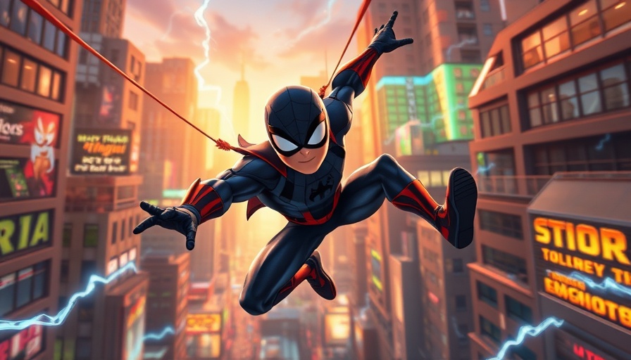 Animated superhero swinging dynamically, showcases Best Movies on Disney+.