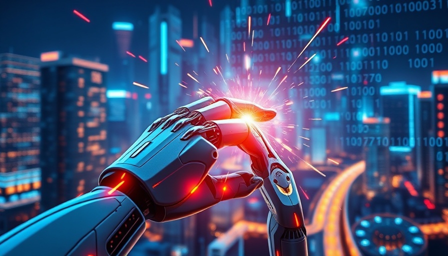 Futuristic robotic hand interacting with AI interface sparks in cityscape.