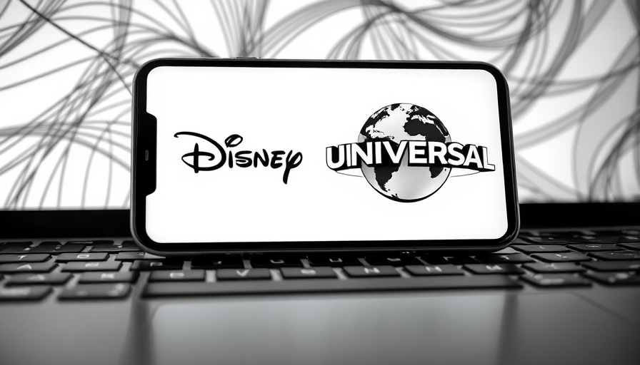 Logos of Disney and Universal on smartphone screen, reflecting on laptop.
