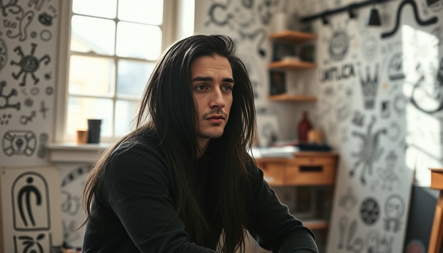 Thoughtful artist in studio amidst doodles, capturing AI plagiarism concerns.