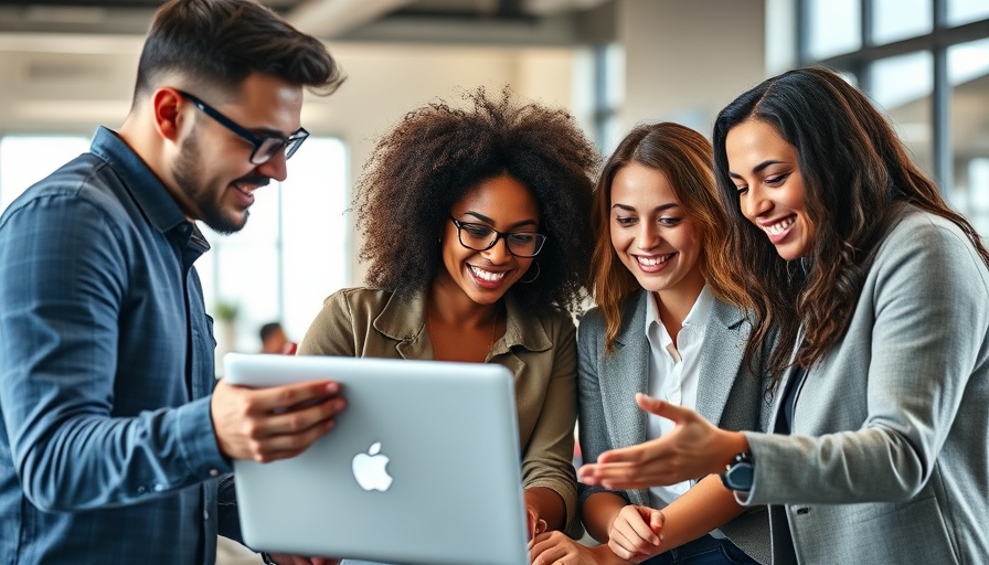 Diverse team collaborating on a laptop in a modern office.