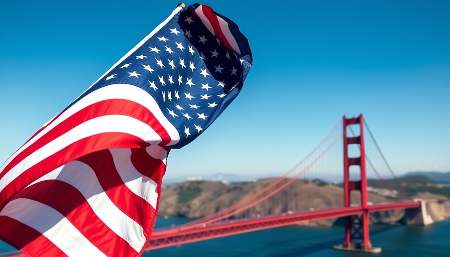 American flag at Golden Gate Bridge with blue sky; Federal AI Moratorium.