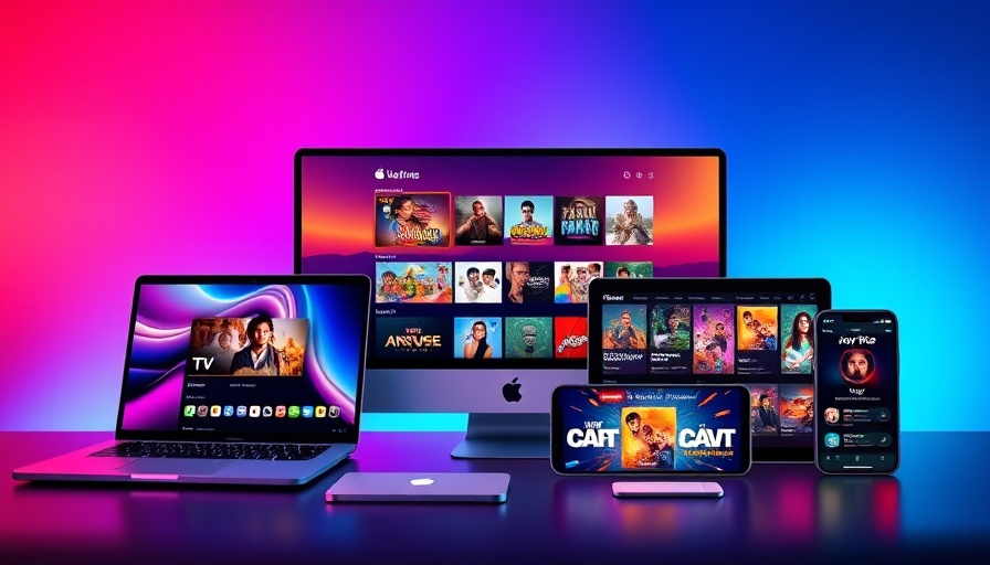Apple devices with subscription content on gradient background.