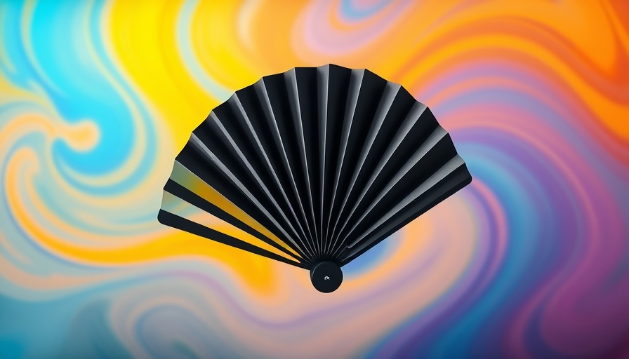 Modern black fan on vibrant gradient background for summer cooling.