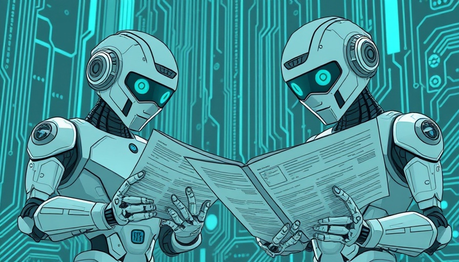 Futuristic humanoid robots with documents, EU AI legislation timeline.