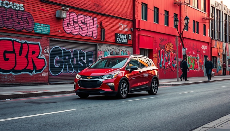 Autonomous GM Cruise car on urban street with graffiti background