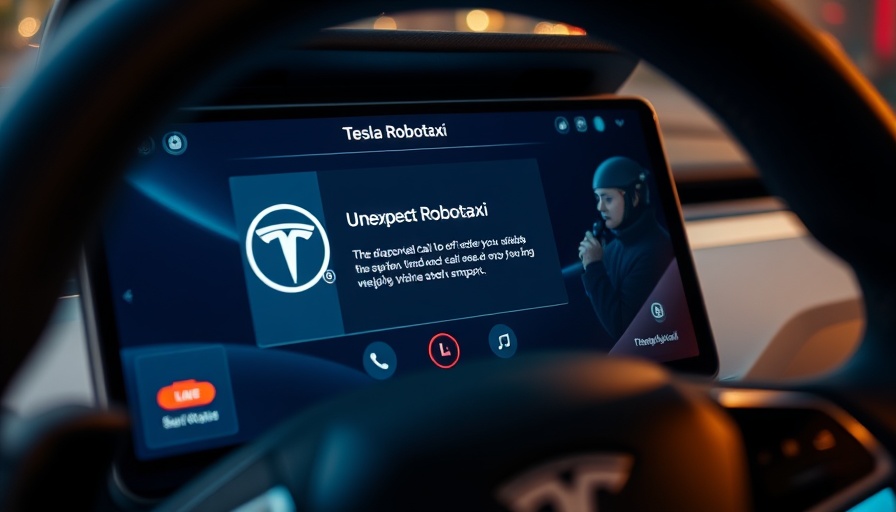 Tesla Robotaxi screen with support message in futuristic interior.