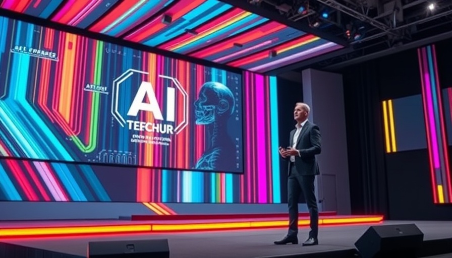 Tech presentation on AI, vibrant stage setting.