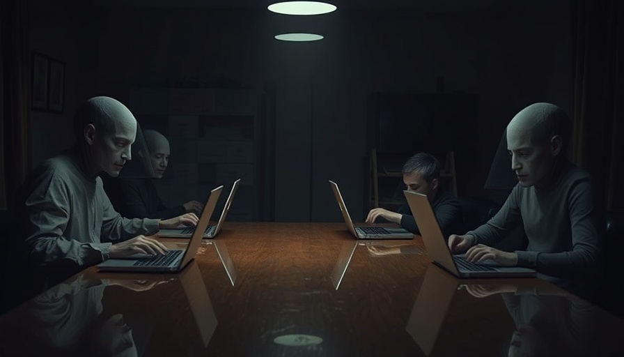 Distorted faces at laptops exploring AI use and psychopathy, dim lighting.