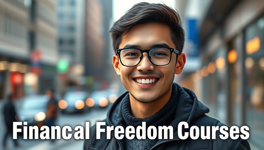 Young person smiling promoting financial freedom courses with city background.