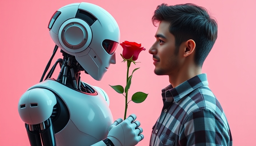 Robot offering a rose to a young man, Using ChatGPT for Dating concept.