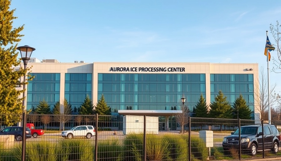 AURORA ICE Processing Center building with vehicles and fence.