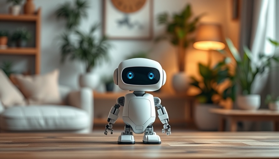 White desktop robot with antennas in a cozy home setting