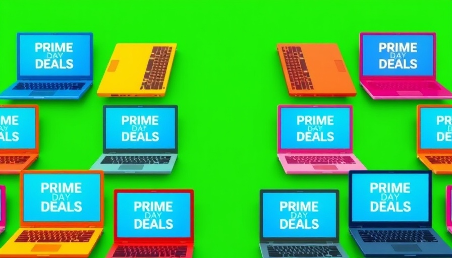 Colorful laptops with 'Prime Day Deals' text in a grid design.
