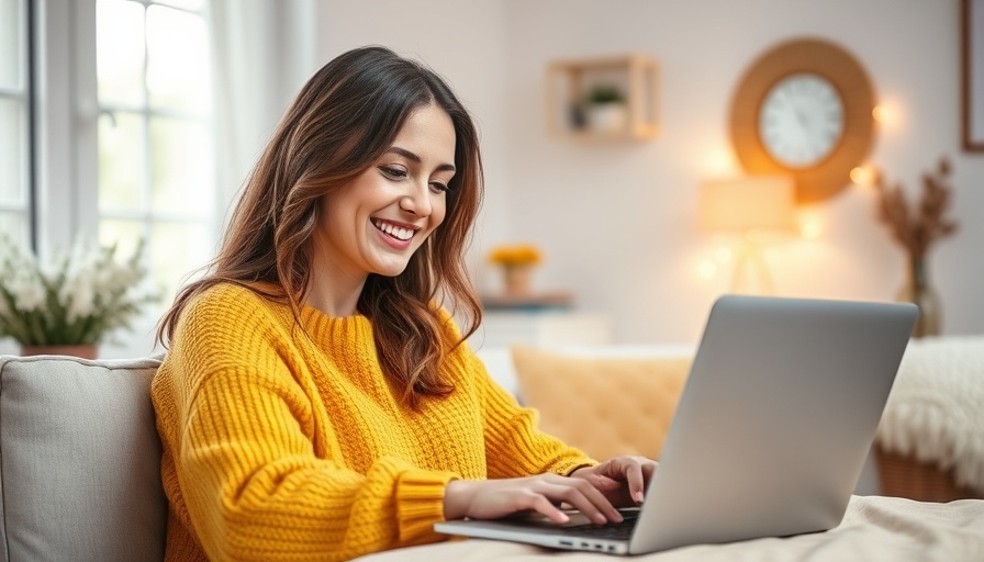 Smiling woman working on laptop highlighting employee well-being options.