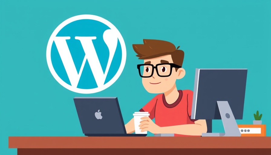 Illustration of a man at a desk with WordPress logo, essential WordPress plugins.