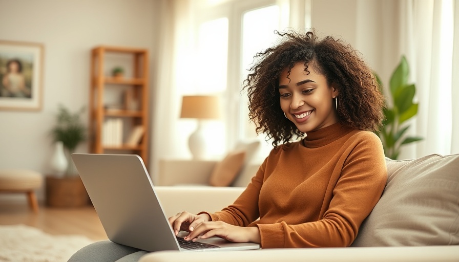 Young woman smiling with laptop in cozy living room, Ebony Austin Philanthropy.
