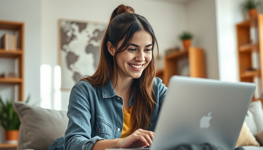 Young woman enjoying work on a laptop, serene home setting.