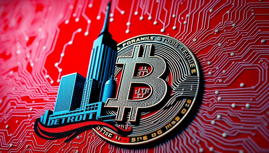 Artistic Detroit emblem and Bitcoin symbol in red, blockchain real estate lawsuit theme.