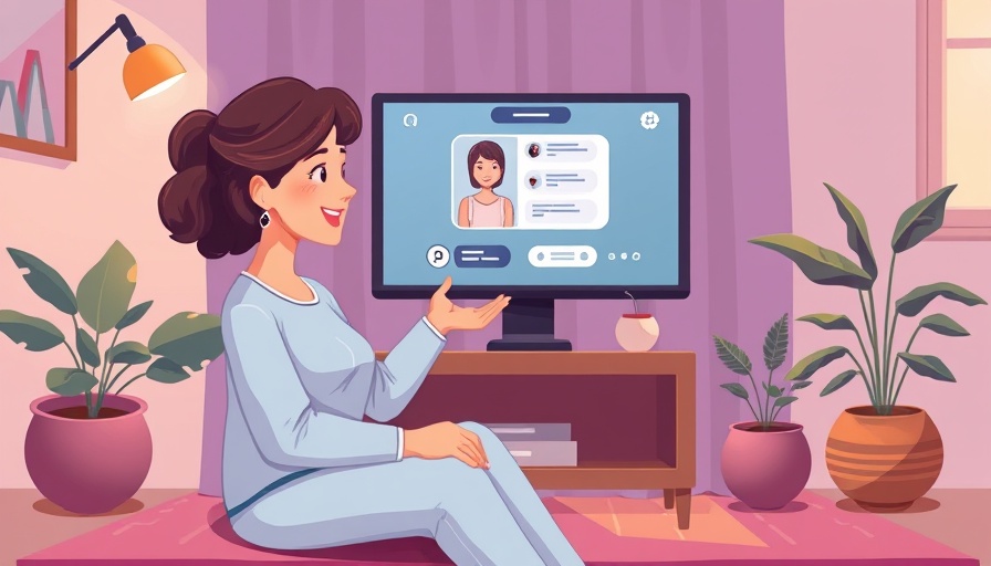 Illustration of AI therapy chatbots, woman interacting with screen.