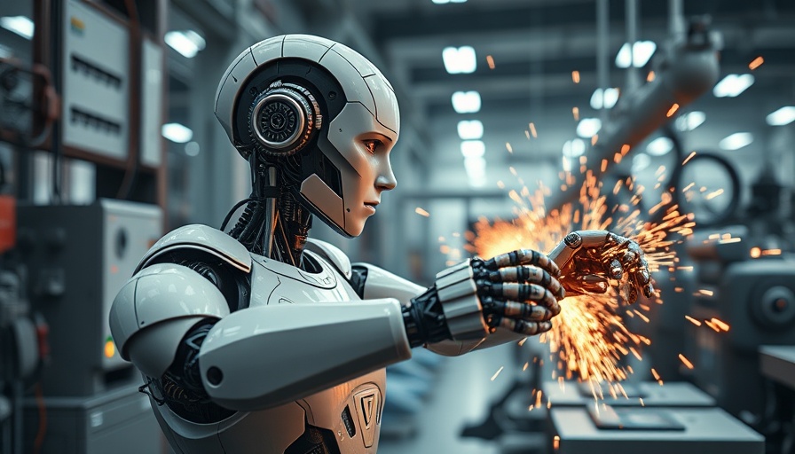 Futuristic robot interacting with machinery in an industrial setting, showcasing robotics in orthopedic surgery.