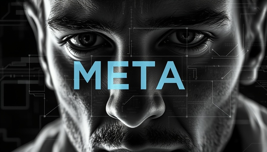 Meta logo overlay on grayscale close-up face with digital effects