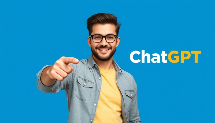 Man pointing at ChatGPT logo SEO transformation, bright blue background.
