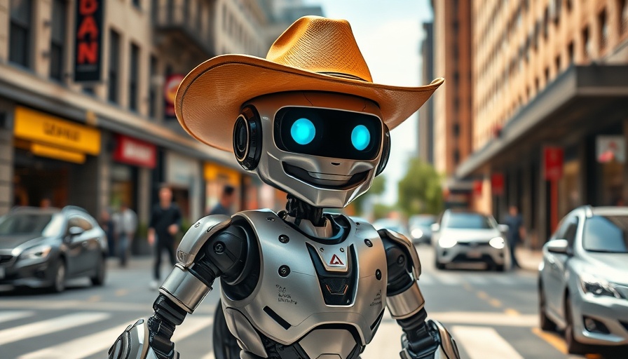 Jake the Rizzbot in a cowboy hat, vibrant parade in a city.