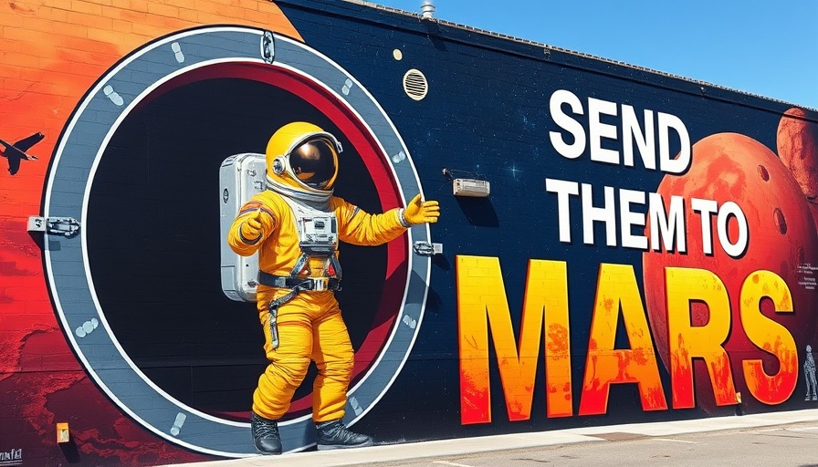 Mars-themed mural with astronaut and text amid Neuralink controversy.