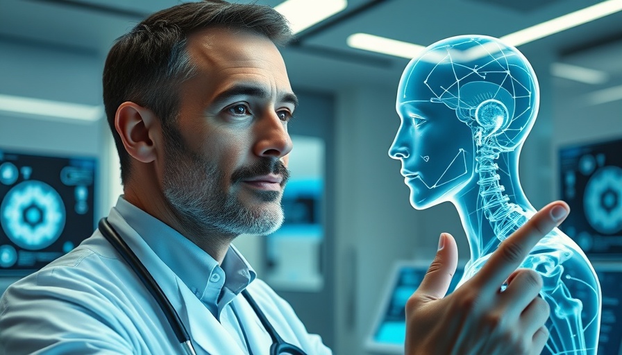 Futuristic doctor using AI healthcare innovations in medical office.