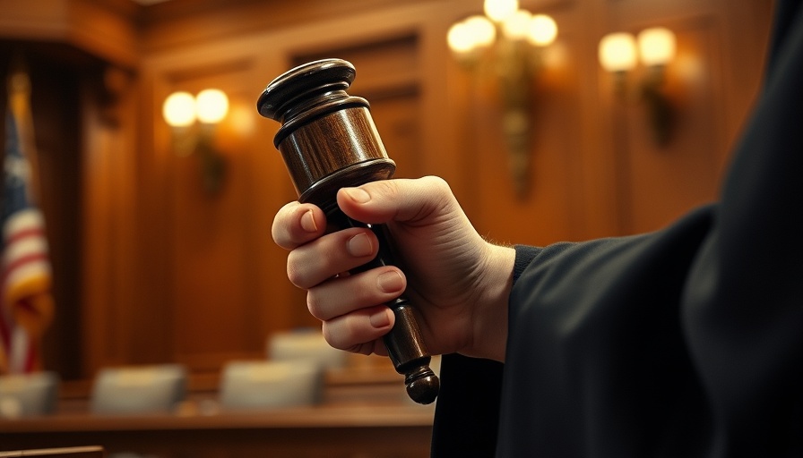 Judge with gavel prepared to make a ruling in a courtroom.