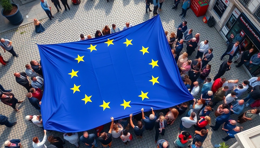 European Search Infrastructure concept with people holding EU flag.