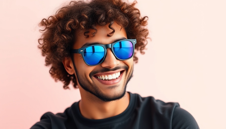 Smiling man in blue sunglasses with pastel background.