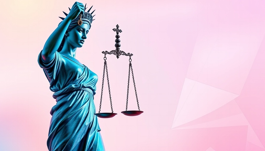Abstract Lady Justice with legal scales, AI misuse theme.