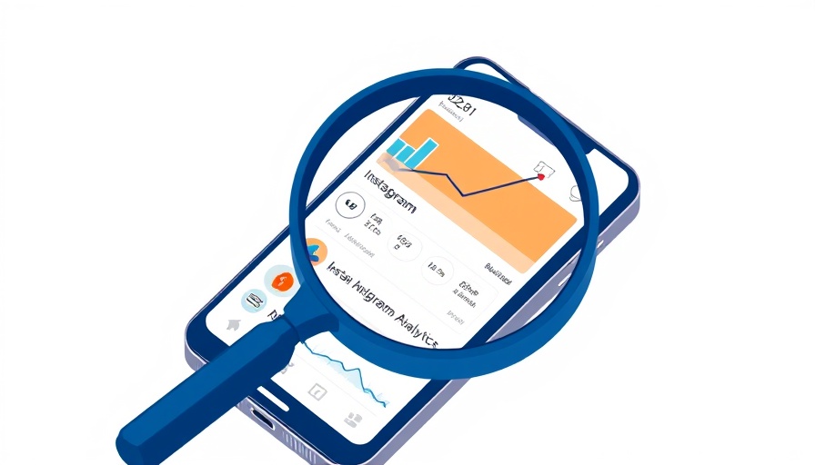Illustration of smartphone with Instagram analytics tools, featuring a graph and magnifying glass.