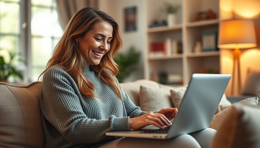 Chili's digital marketing strategies: Smiling woman using laptop in cozy setting.