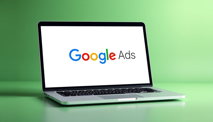 Laptop showing Google Ads logo, green background.