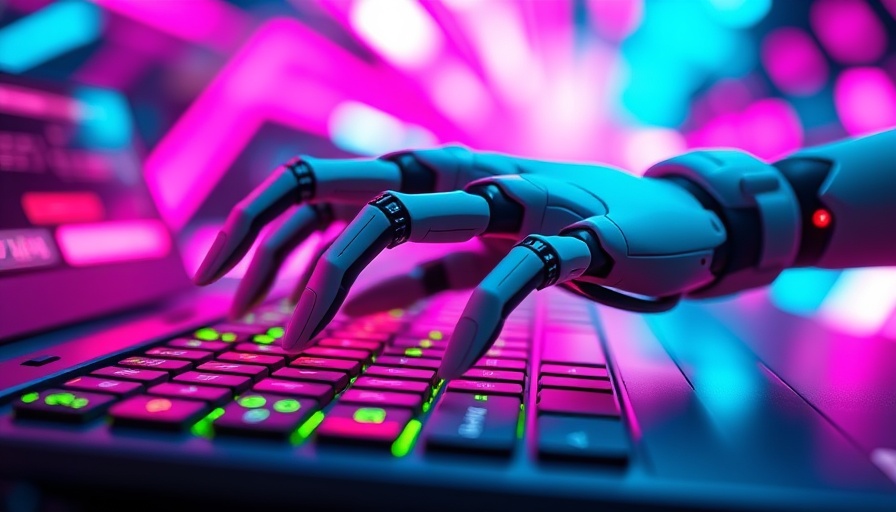 Robotic hand on keyboard, neon colors, AI-generated content ethics in journalism.