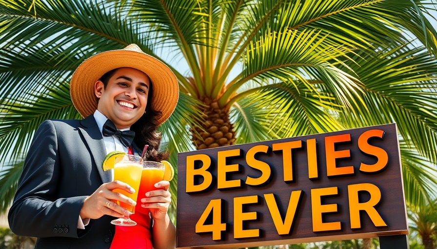 Tropical party with 'BESTIES 4EVER' text, formal wear.