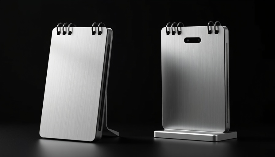 Sleek AI hardware notetaker devices on black background, photorealistic.
