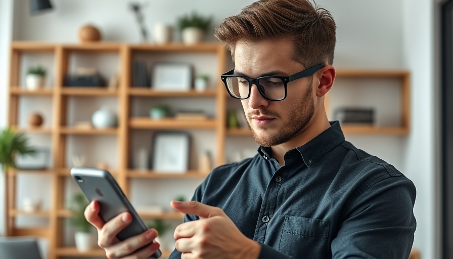 Young man using smartphone for local search visibility strategies.